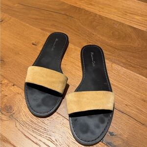Massimo Dutti Suede Tan Slide Sandals with Black Footbed